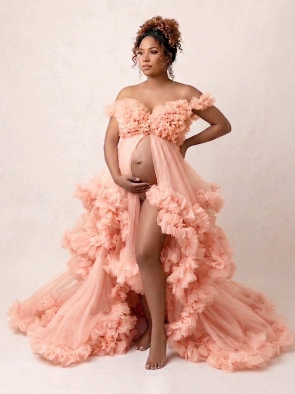 Dramatic Tulle Off Shoulder Open Front Maternity Photography Gown Size L